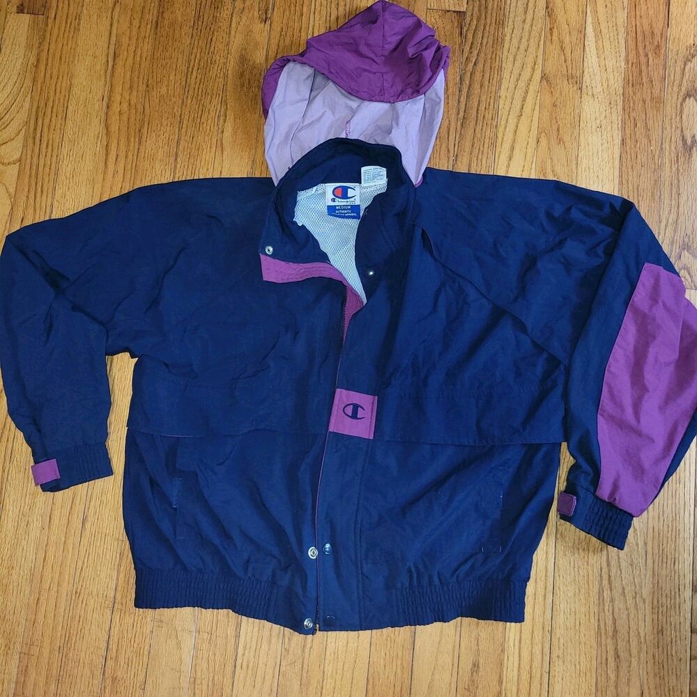 Vintage Champion Jacket Men Medium Windbreaker Colorblock Full Zip Navy Purple